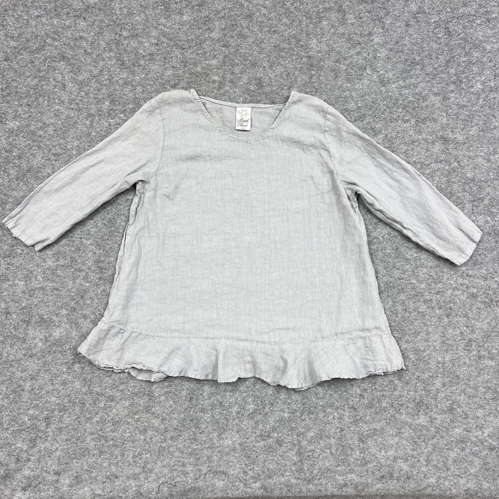 Match Point Blouse Womens S Gray Tunic Linen 3/4 Sleeve Ruffle Pre Shrunk Casual